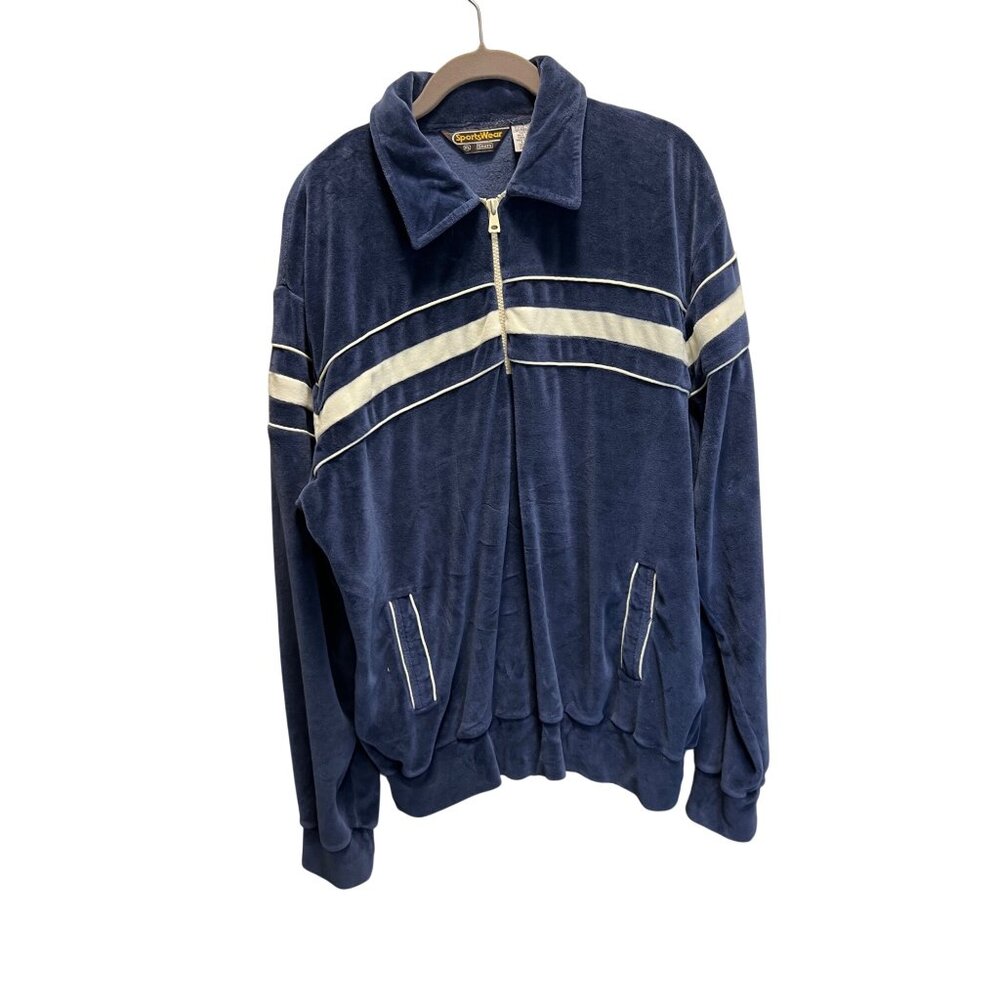 Vintage Sears Sportswear Blue Velour Half-Zip Jacket XL With White Stripes Mens